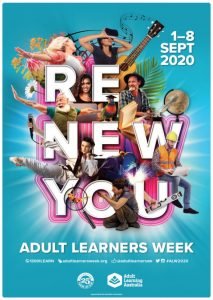 Poster for Adult Learners Week 2020 with the tag-line "Renew You" and images of adults exploring varied enriching activities.