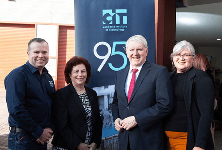 CIT Automotive Teacher Richard Lindsay, CIT Interim CEO Christine Robertson, Minister O'Connor and CIT Chair Kate Lundy at the Canberra Institute of Technology on Tuesday 17 October. CIT News 19 October 2023